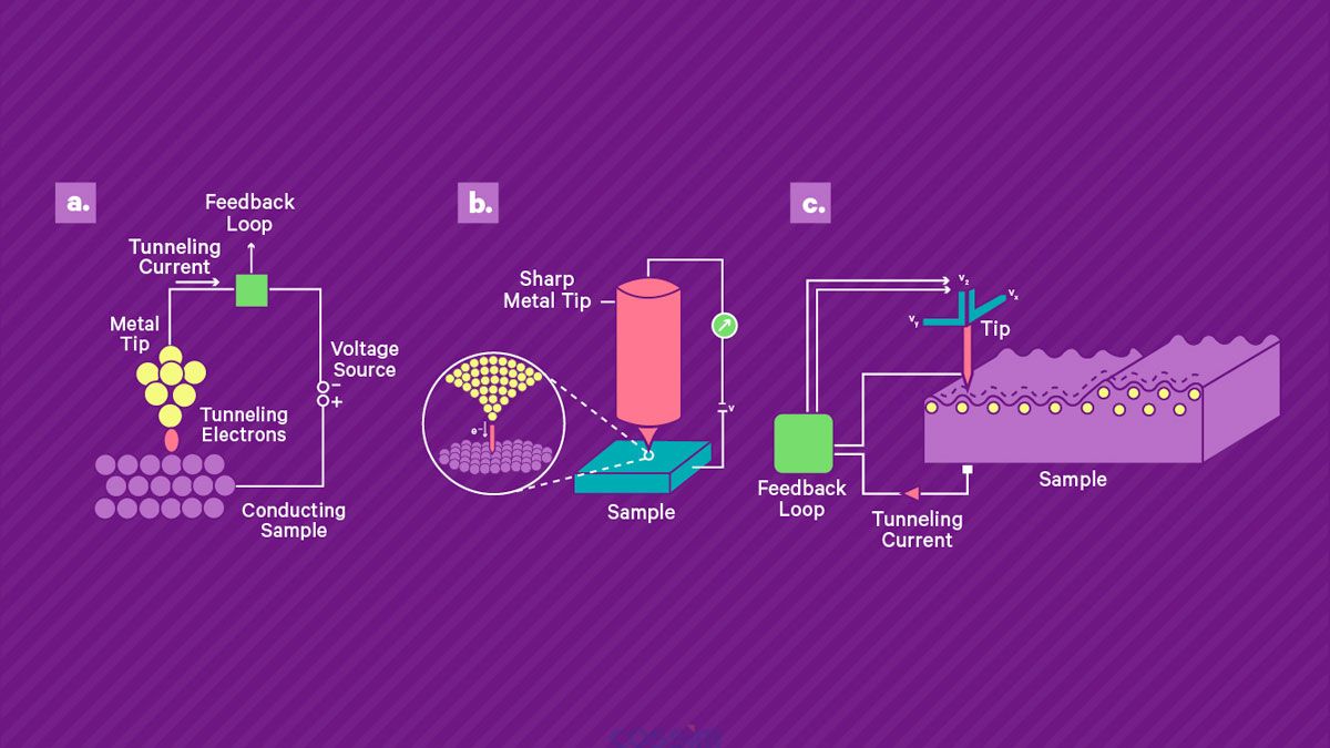 掃描隧道顯微鏡的工作原理。 a) 將鋒利的導(dǎo)電尖端靠近導(dǎo)電樣品表面并施加偏置電壓，從而產(chǎn)生穿過(guò)間隙的小隧道電流。 該電流由高增益放大器讀出。 b) 壓電掃描系統(tǒng)用于控制尖端與表面的分離并在表面上掃描尖端。 當(dāng)尖端保持在恒定高度時(shí)，電流幅度可用作尖端表面分離的直接測(cè)量，從而實(shí)現(xiàn)地形成像。 或者，可以使用反饋回路通過(guò)改變定位系統(tǒng)的控制電壓來(lái)保持恒定電流，該控制電壓被記錄下來(lái)并產(chǎn)生樣品上的形貌和電子密度的測(cè)量值。
